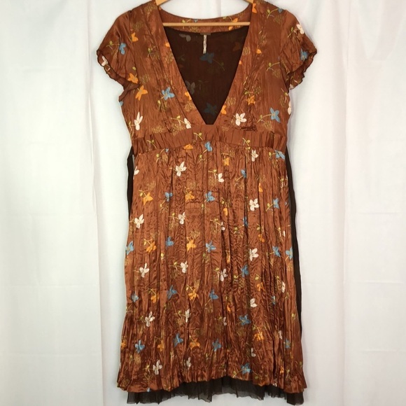 Free People Women's V-Neck Babydoll  Floral Rust Silk Mini Dress Size 12 - Picture 5 of 14
